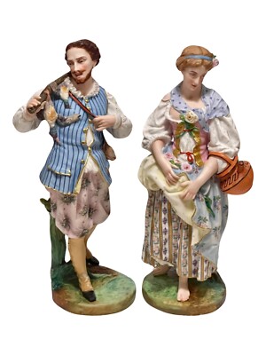 Antique Jean Gille Bisque Porcelain Figurines Elizabethan Era Couple 19th C