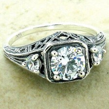 ART DECO STYLE 3 STONE CUBIC ZIRCONIA 925 STERLING SILVER FILIGREE RING 1168X