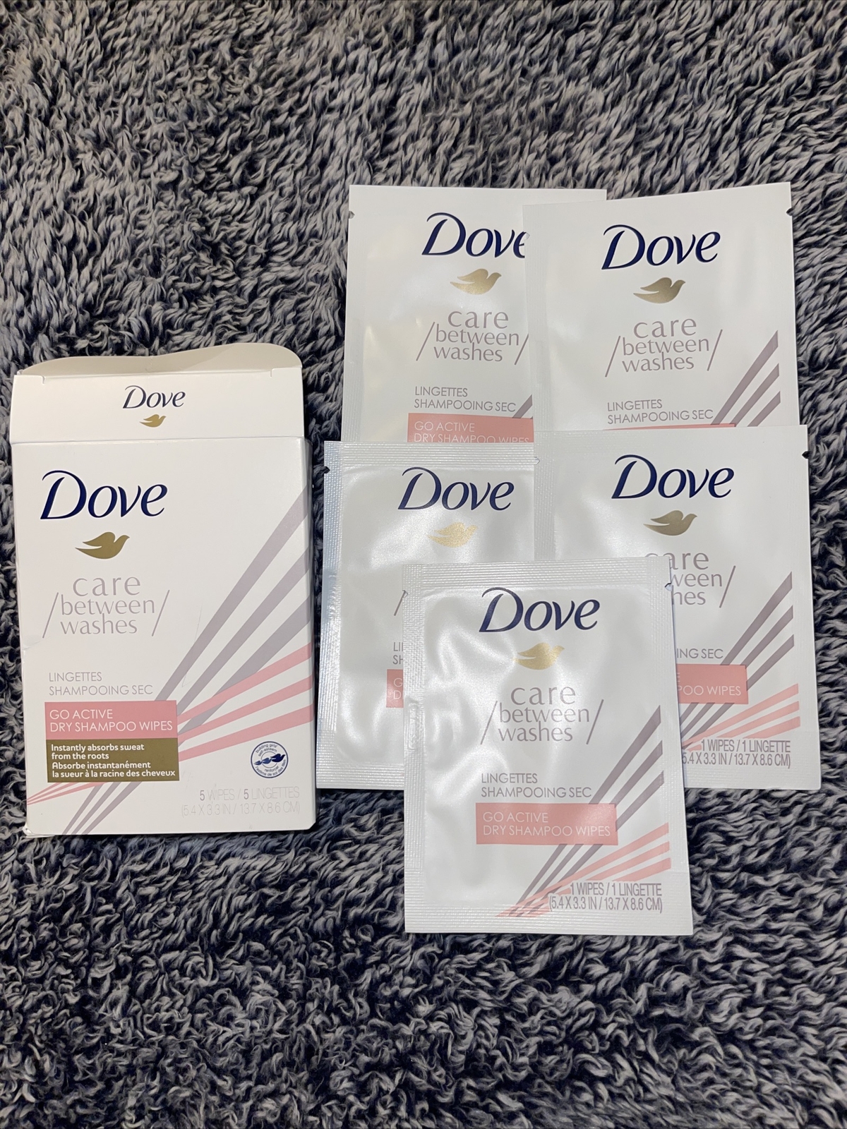 Dove Care Between Washes Go Active Dry Shampoo Wipes 5 In The Pack NEW! Travel