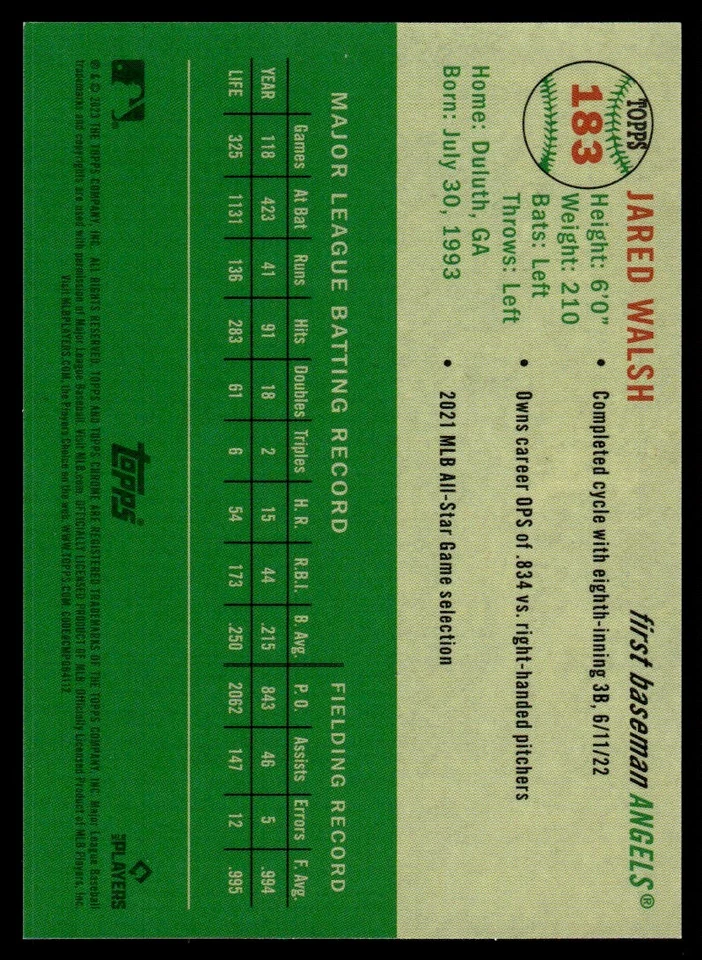 2023 TOPPS CHROME PLATINUM GREEN Jared Walsh /99 Los Angeles Angels #183 - Image 2 of 2