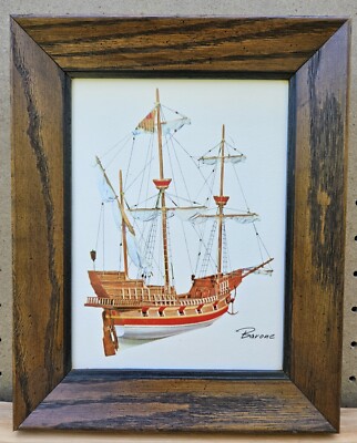 Vintage Barone 1960s Art Print Framed Sailing Ship Galleon Spanish Carrack 