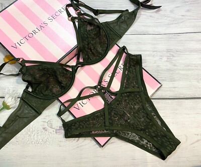 Victoria's Secret Strappy Ring Snake Lace Plunge Bra Set Unlined Green Brazilian