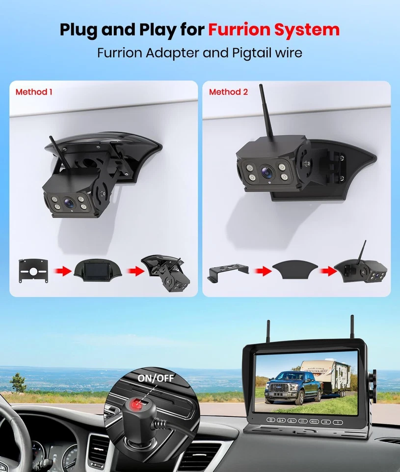 Wireless RV Backup Camera for Furrion Systems: 7" DVR HD 1080P Split Monitor 4CH - Image 2 of 4