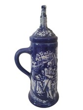 Vintage handmade blue white beer mug carved ceramic stein with castle lid