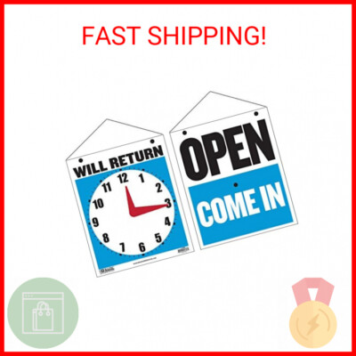 BAZIC Open Sign 7.5''x9'', Clock Will Return Will be Back, Double Sides Plastic Vi