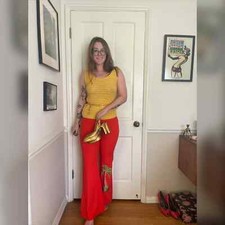 70s Vintage Double Knit Orange Kick Flares w Embroidered Palm Tree