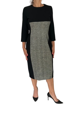 MICHAEL KORS Italy $1290 Black Gray Tweed Wool 3/4 Sleeve Sheath Midi Dress 10 - Picture 3 of 11