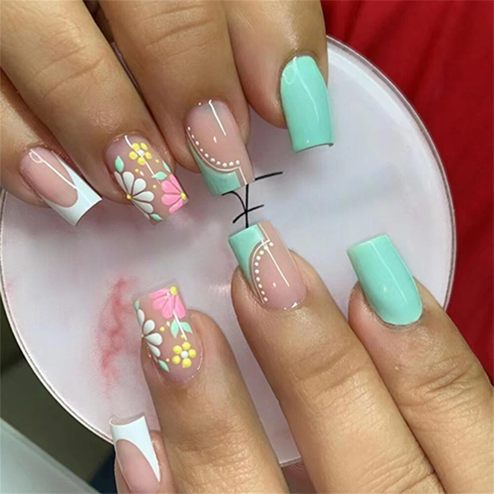 Square Short False Nail Summer Colorful Flowers Press Nails for Nail Art  24pcs