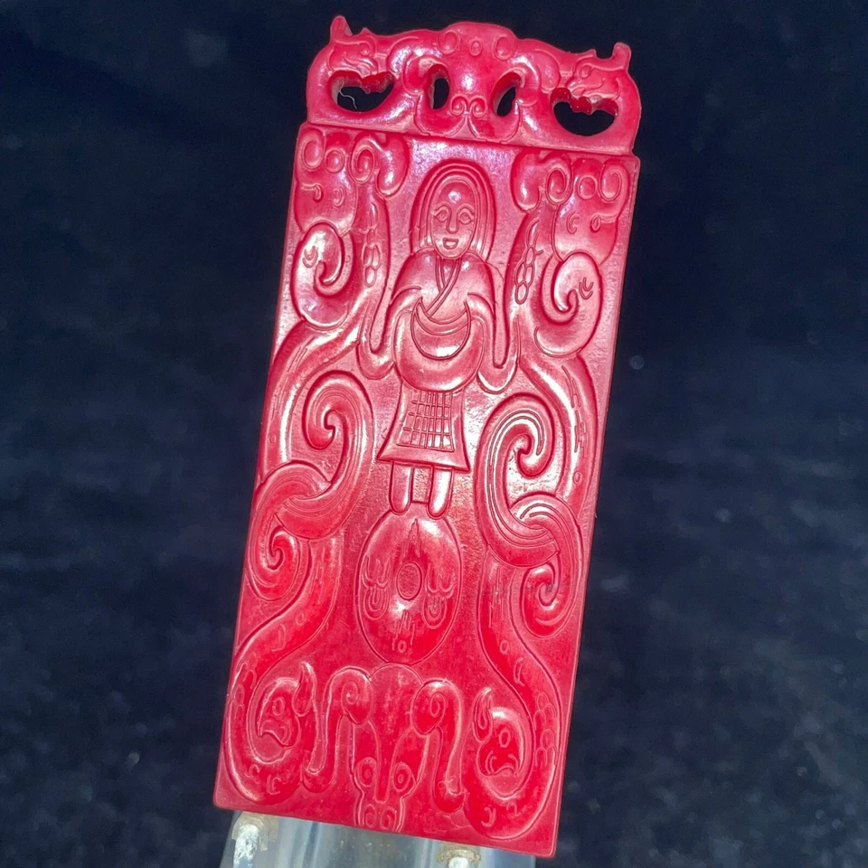 China Rojo Hetian Jadeíta Tallado a Mano Colgante Collar Estatua Belleza A268 Foto 3 de 4