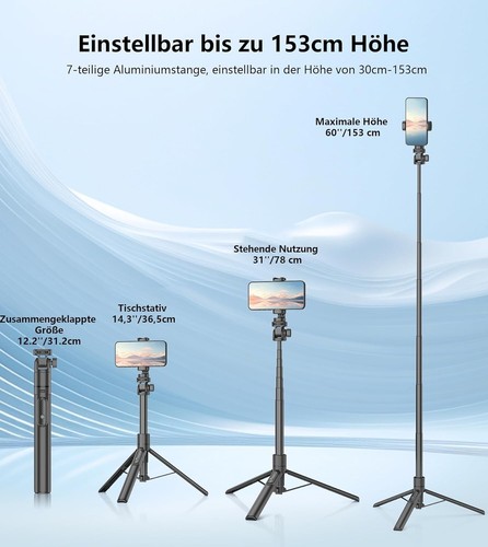 Selfie Stick Stativ 155cm Aluminium Tragbar Handy & Action Kamera Halter - Bild 8 von 10