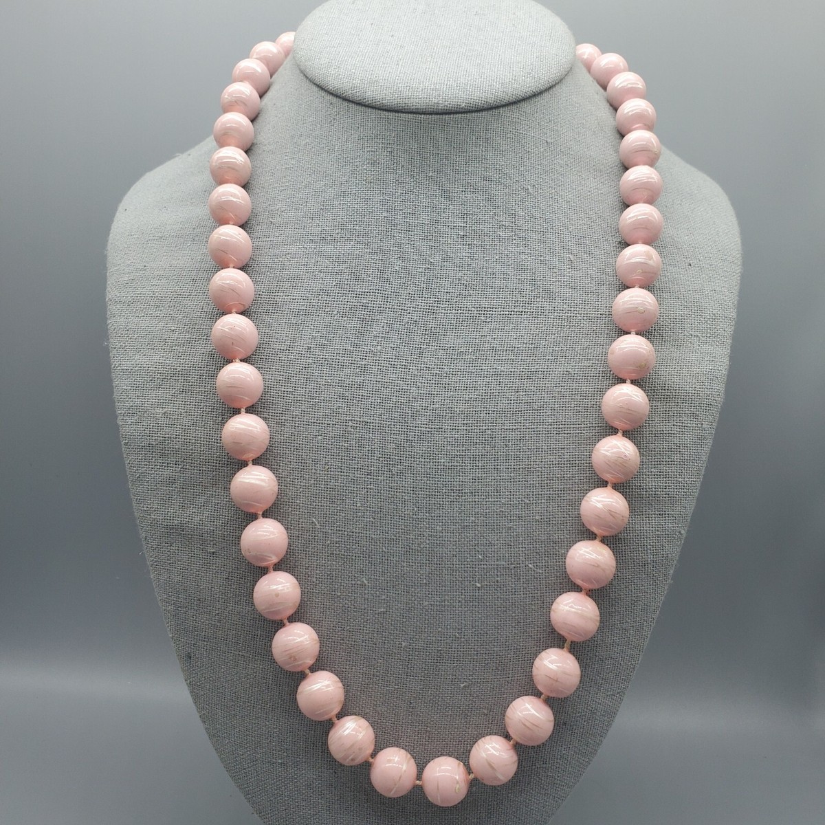Vintage Pink Beaded Necklace Single Strand Gold Tone Banding Retro