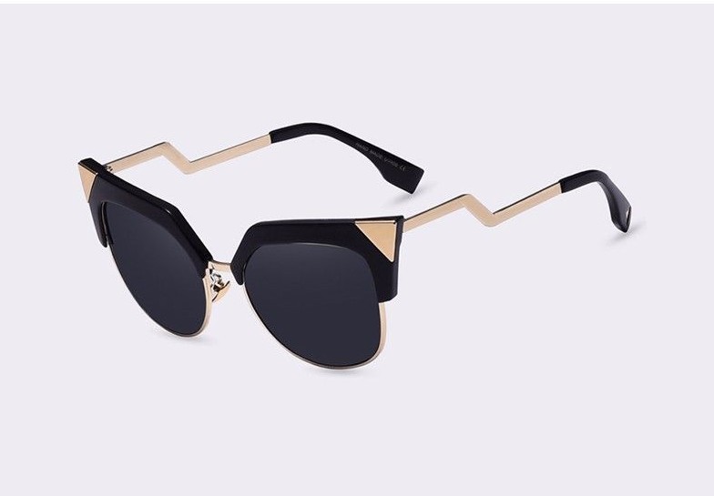 Cat Eye Sunglasses Women Fashion Black Gold Coating Mirrors Metal Bending Legs-image