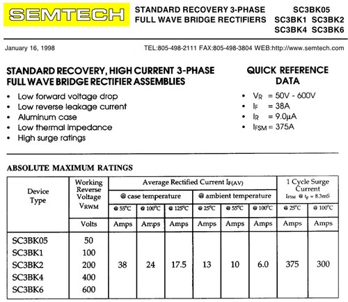 Semtech SC3BK1 FULL WAVE BRIDGE RECTIFIER 3 PHASE 100V 13A - Picture 4 of 6