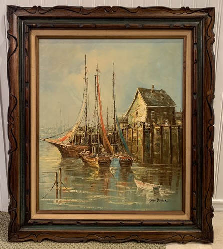 VTG Nautical Scene Oil on Canvas Painting 20"x24" Signed Brian Roche Wood Frame