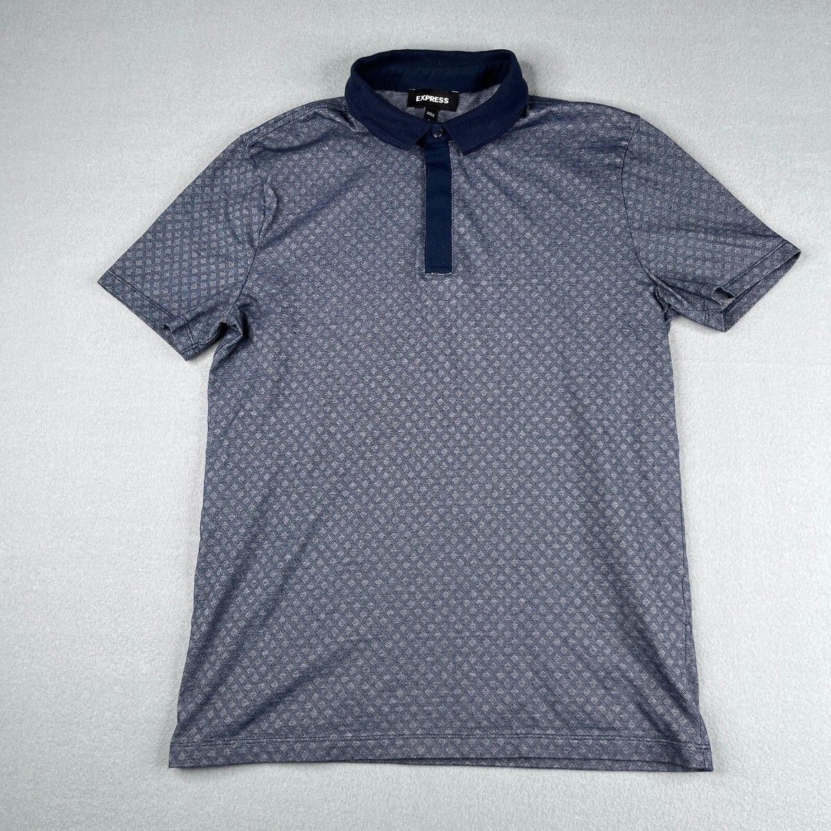 Express Polo Shirt Small Navy Blue Diamond Contrast Collar