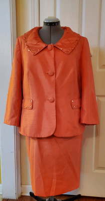 John Meyer Collection By Jacques Monier 2PC Orange Beaded Formal Skirt Suit 16W 