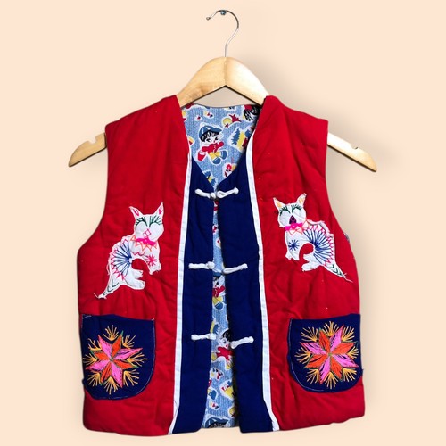 Vintage Kids Handmade Quilted Embroidered Patchwork Vest Cat Asian Folklore