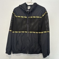Victorias Secret PINK Mesh Panel Windbreaker Jacket XS Black Gold Pockets