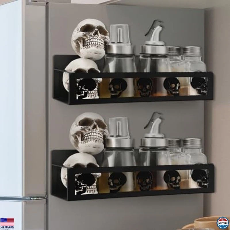 2 Pack Skull Head Magnetic Spice Rack for Refrigerator Metal Magnet Basket Shelf
