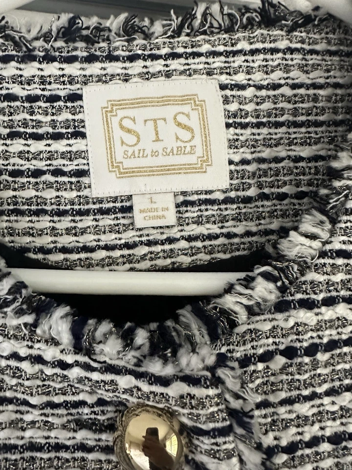 Abrigo Sail To Sable Dama Grande Azul Marino Blanco Dorado Metálico Preppy Elegante Flecos Foto 2 de 4