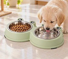 Double Pet Bowl Feeder Station w/ 2 Stainless Steel Bowls, Non-Slip, Green