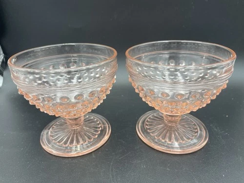 Vintage Set of 2 Pink Hobnail Depression Glass Sherbert Dessert Cups Appx 3.25"