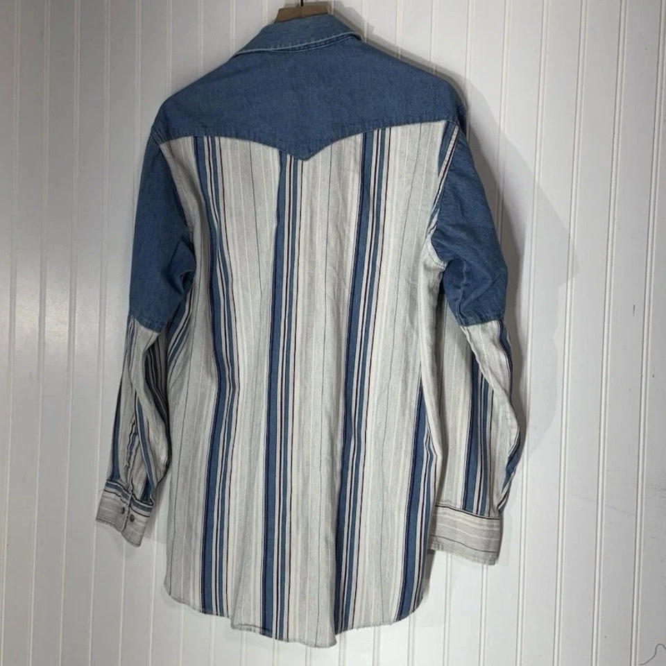 Vintage Wrangler 16x34 Western Shirt X-Long Tails Striped Denim Yoke L Cowboy - Image 2 of 4