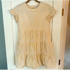 English Factory Yellow White Striped Tiered Dress Ruffle Cap Sleeve Mini Size S