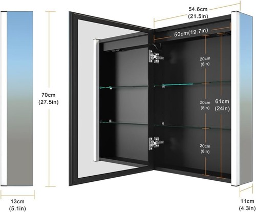 Stylish Wall-Mounted LED Mirror Cabinet with USB & Defogger - 22x28 Black Finish - Picture 4 of 12
