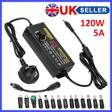 9V-24V 5A 120W Adjustable Voltage Power Supply Adapter Transformer w/ 15 Plugs