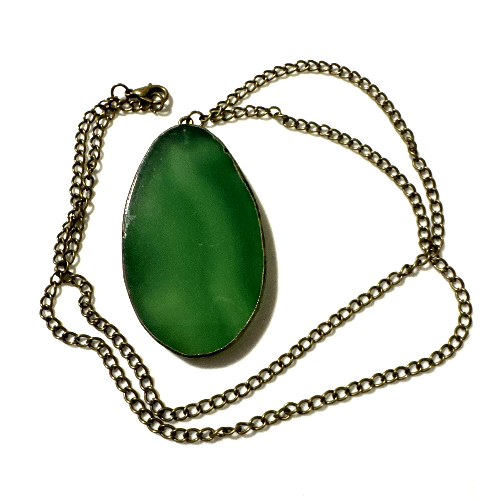 Oval Pendant Necklace Green Agate? Jewelry Bronze Tone 21