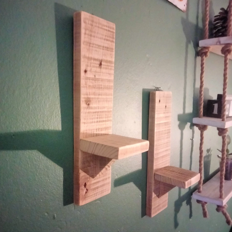 Wooden Candle Plant Holder Sconce Set of 2 Handmade Rustic Reclaimed Wood Shelf - Image 3 of 4