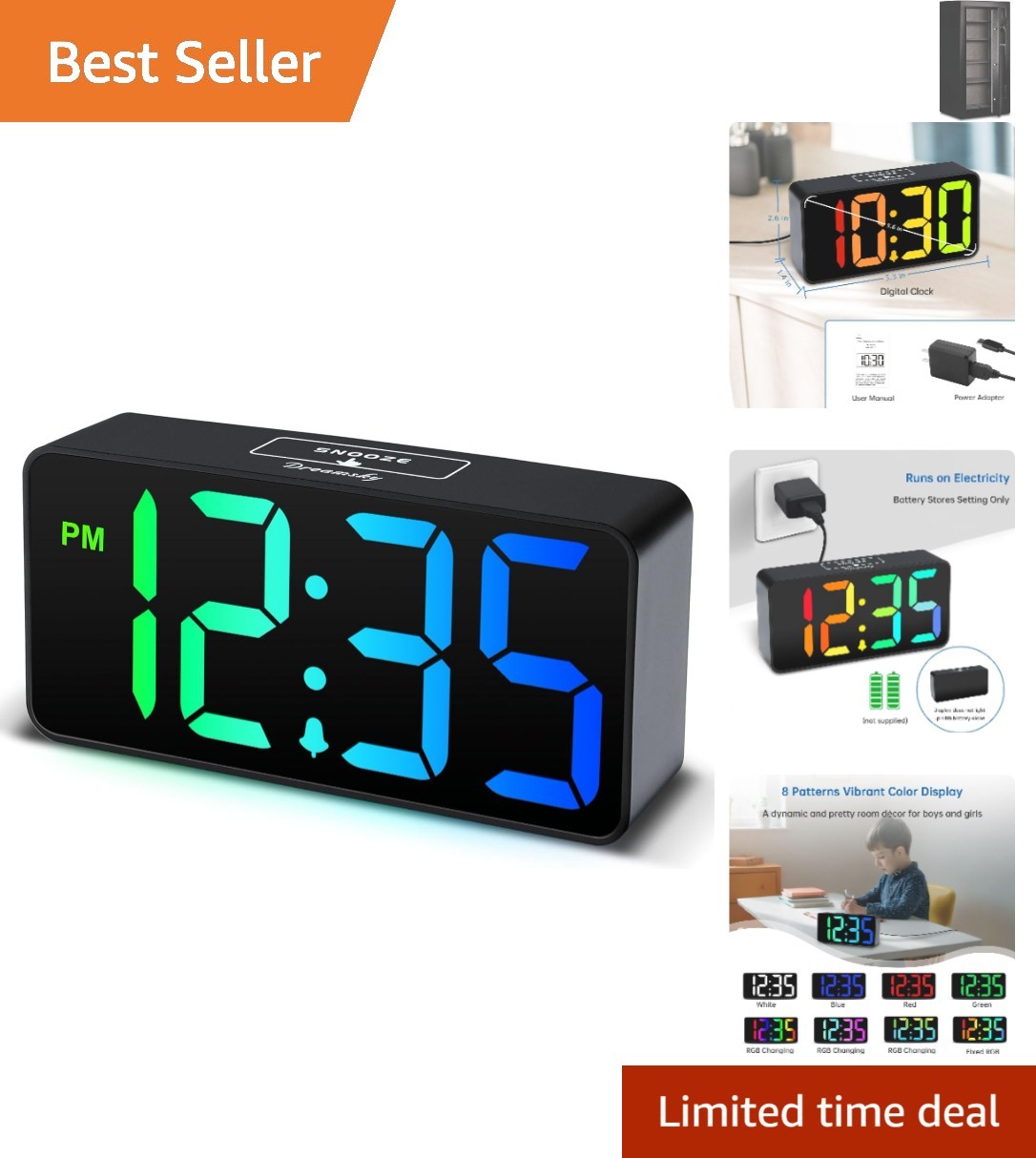 Large Number RGB Alarm Clock - Bedside Clock with USB Port f