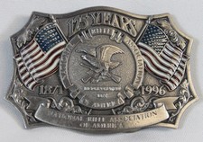 Vtg NRA Belt Buckle 125 Years Anniversary 1996 Silver Tone American Flag Guns
