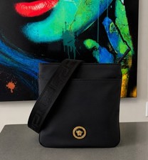 VERSACE Flat Crossbody Bag Fabric Calf Leather Black 1000 Retail