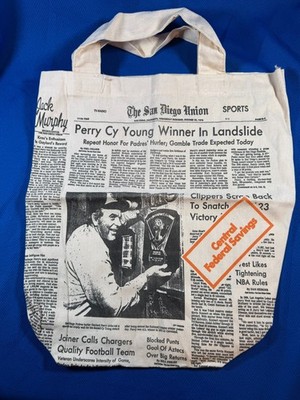 Vintage Canvas Tote 1979 San Diego Union Sports Page Gaylord Perry Cy Young