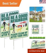 Weatherproof 12"x9" Dog Poop Signs   2 Pack with Metal H-Stakes Included