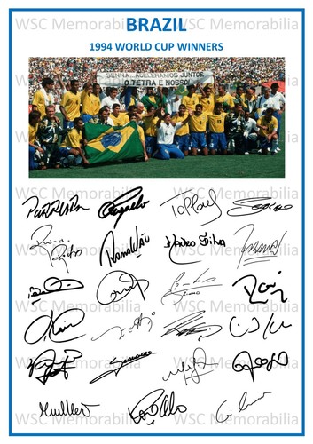 12713. Brazil World Cup 1994 Signed Team Picture Sheet PRINTED AUTOS A4 Winners