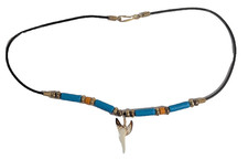 Shark Tooth Necklace Turquoise Color Orange Gold Beads Faux Leather 17-inch NEW