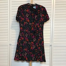 CeCe Floral High Neck Short Sleeve Knee-Length Ruffled Hem Lined A-Line Dress 10