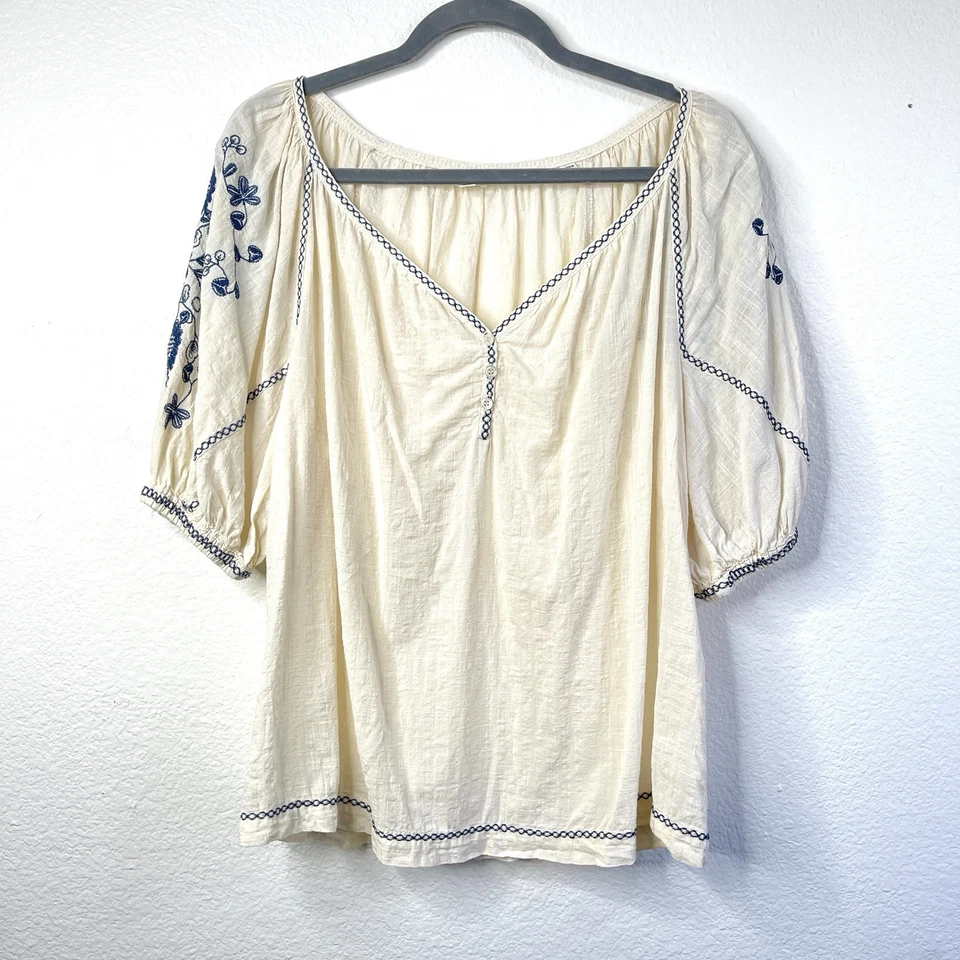 Blusa Max Studio Campesina Bordada Azul Crema Boho Manga Abullonada Talla L Foto 3 de 4