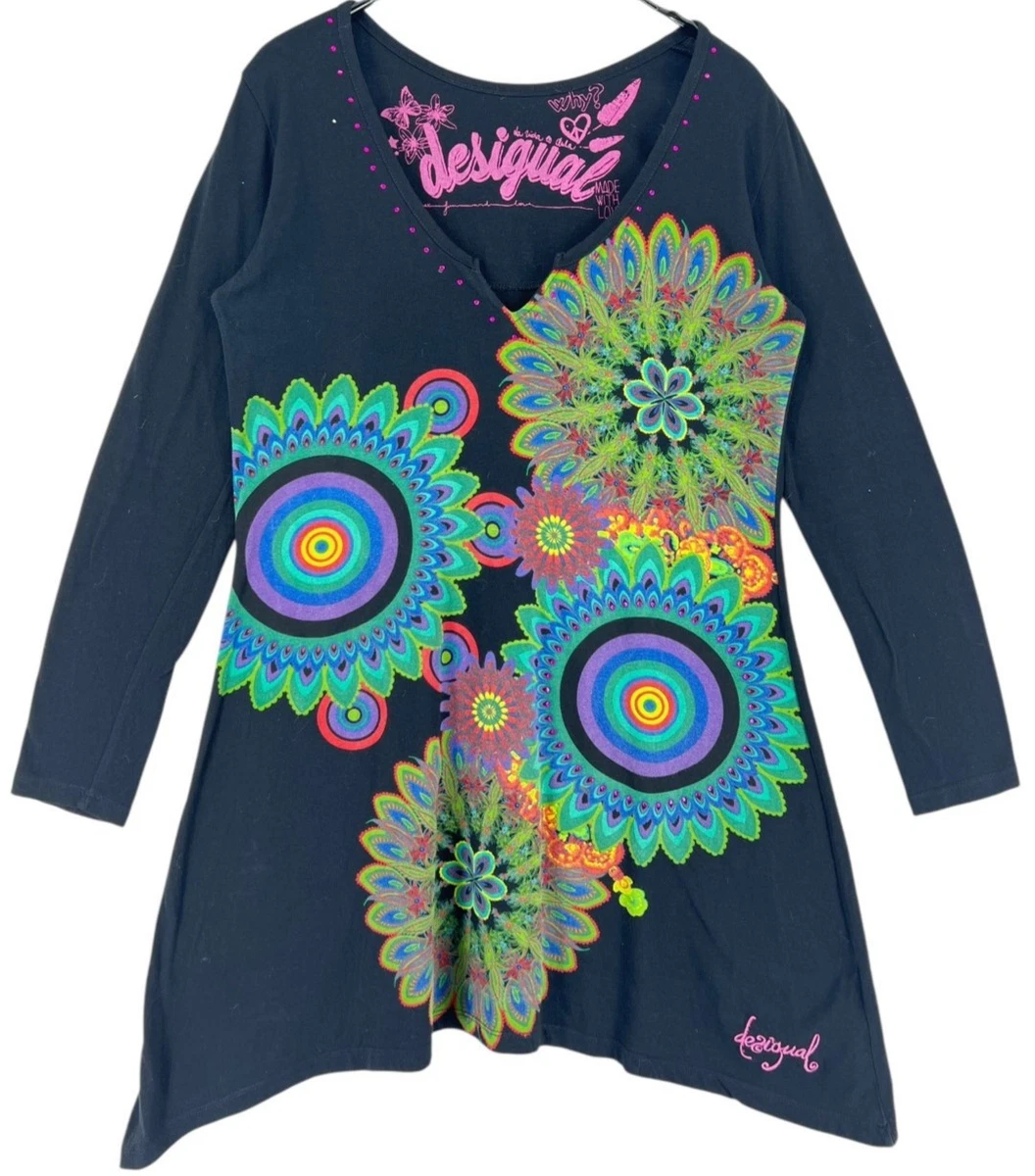 Robe Tunique Ample Allegra K - Manches Longues - Imprimé Feuilles - Bleu Marin