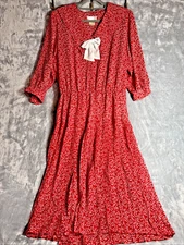 Bow Pattern Dress 50s 60s 70s style Red Peter Pan Large Collar Drop Waist Pleat