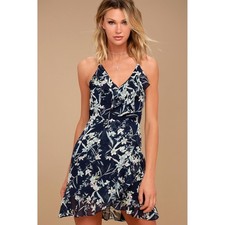 Lulus dress navy blue floral sleeveless lightweight chiffon ruffle Sz XS EUC