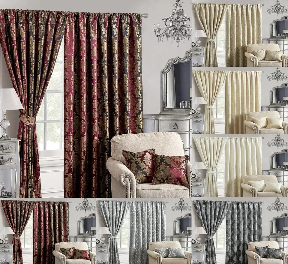 Pencil Pleat Curtains Pair Jacquard Fully Lined Tape Top Ready Made Free Tieback