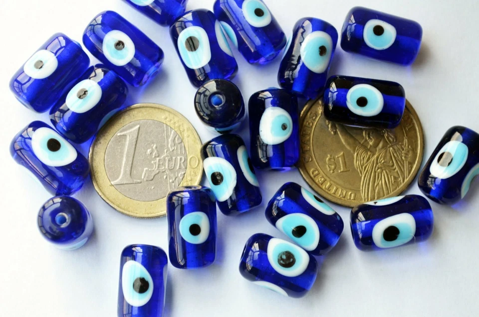 10 Pcs Cylinder Evil Eye Beads Blue 14mm Glass Beads From Turkey Nazar Evil Eye  - Image 3 of 4