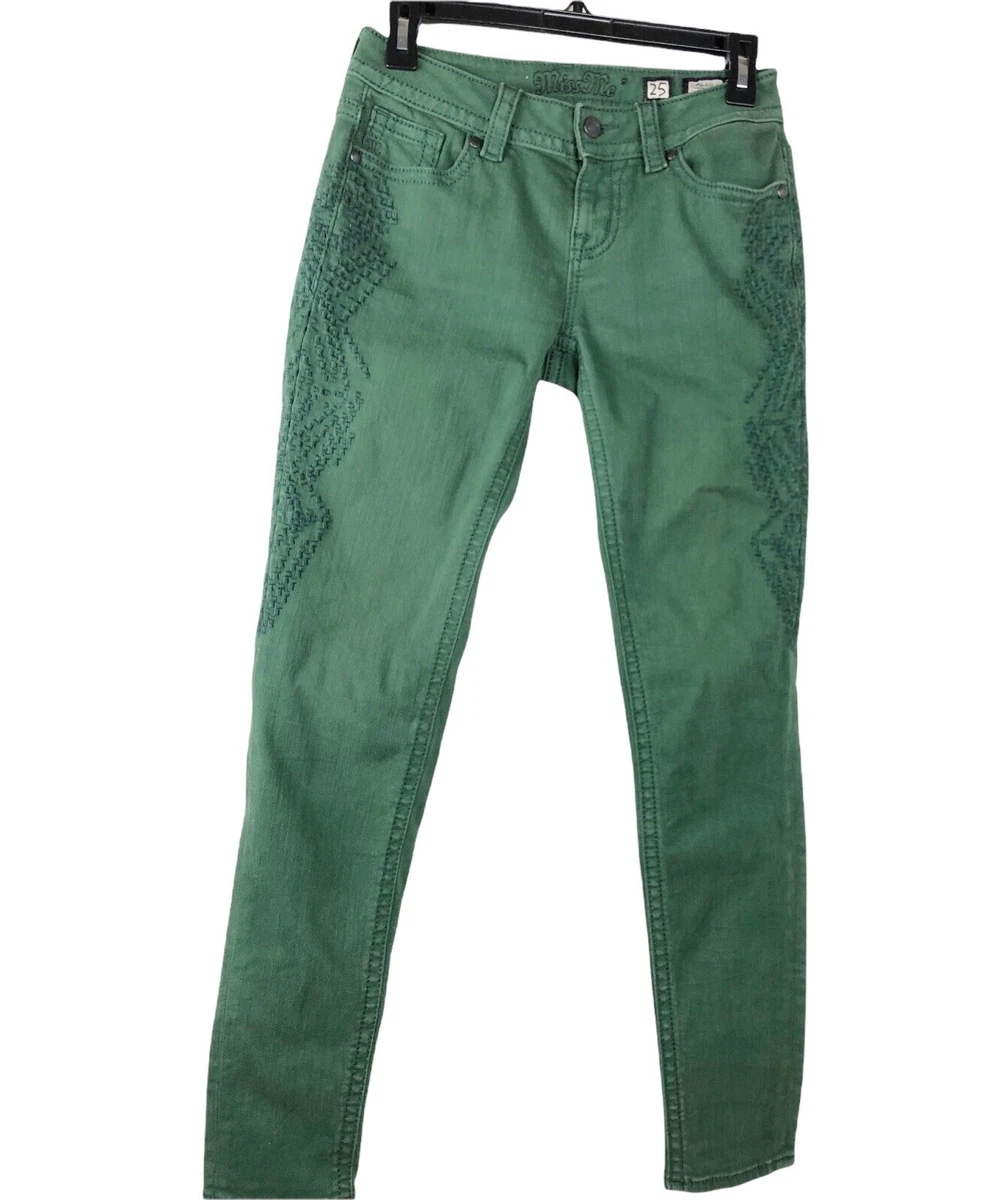 Miss Me Jeans Womens Skinny Embroidered Mid Rise Hunter Green