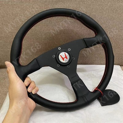 MOMO Leather Drift Sport Steering Wheel For Honda H logo horn Red line 14inch