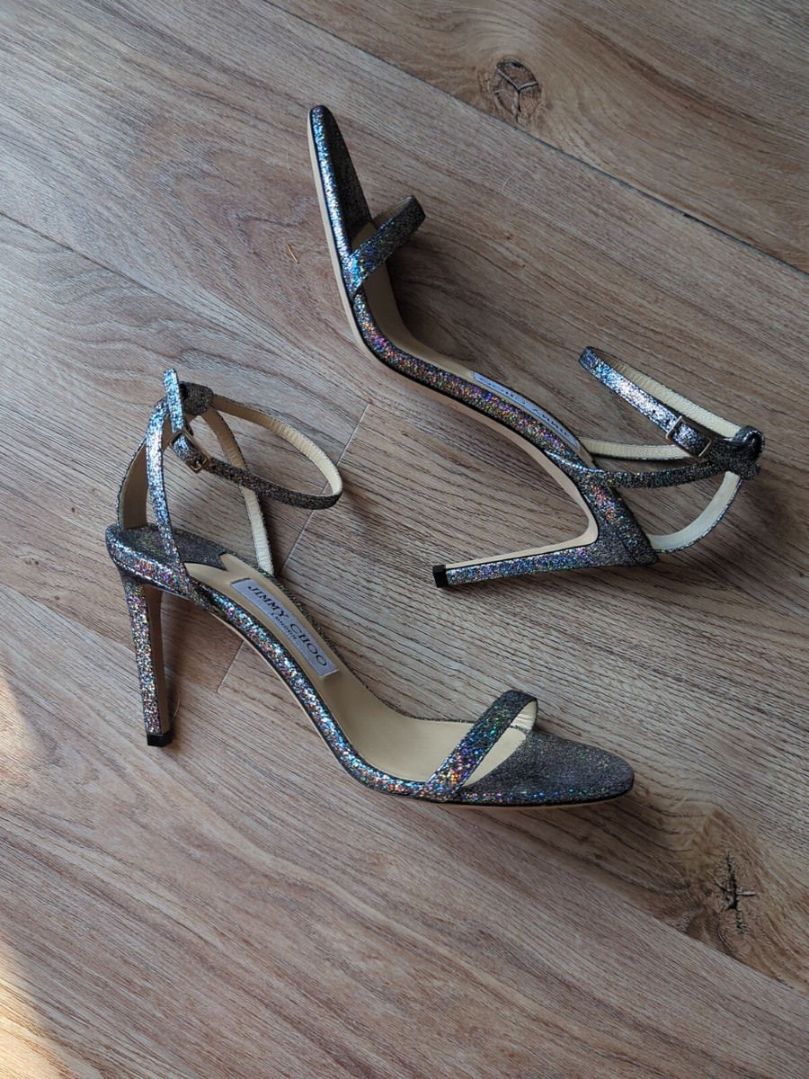 あ*る様 限定値下げJimmy Choo MINNY 85 アンクル スタッズ Jimmy Choo Minny 85 Silver Iridescent Glitter Strappy Sandal Heels