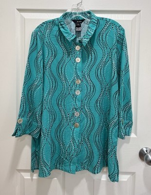 ALI MILES Button Up Top Women Large Teal Black White Abstract Wire Collar Artsy